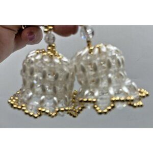 Vtg Handmade Beaded Bell Ornaments Set 2 White Gold Christmas Holiday Decor